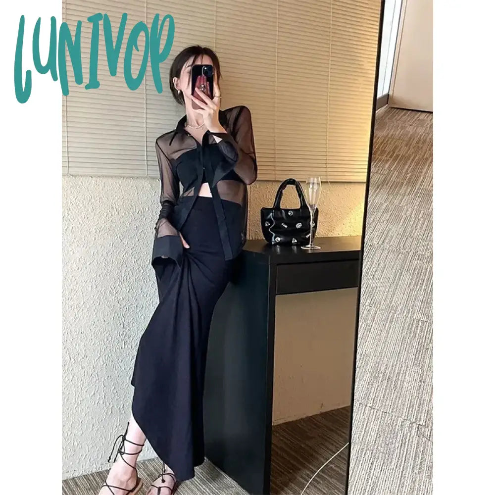 Lunivop Y2K Mesh Sheer Shirts Women Sexy Black See Through Blouses Summer Korean Fashion Aesthetic