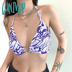 Lunivop Y2K Pink Crop Top Heart Printed Sweet Cute Metal Tie Up Halter Women Backless Tank Beach