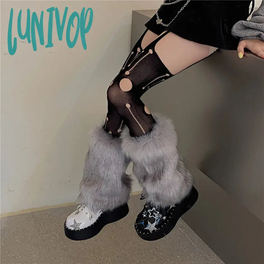 Lunivop Y2K Pink Faux Fur Leg Warmers Winter Warm Vintage Punk Girl Harajuku Furry Plush Boots