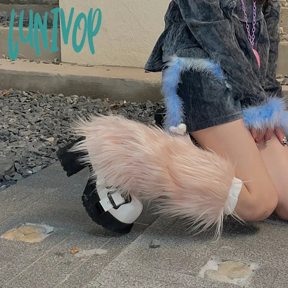 Lunivop Y2K Pink Faux Fur Leg Warmers Winter Warm Vintage Punk Girl Harajuku Furry Plush Boots