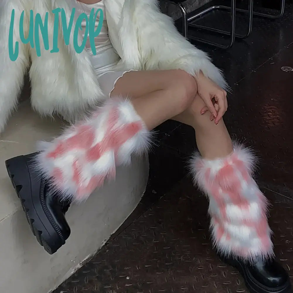 Lunivop Y2K Pink Faux Fur Leg Warmers Winter Warm Vintage Punk Girl Harajuku Furry Plush Boots