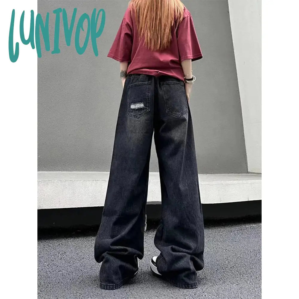 Lunivop Y2K Ripped Jeans Women Vintage Oversized Black Wide Leg Denim Pants Harajuku Streetwear