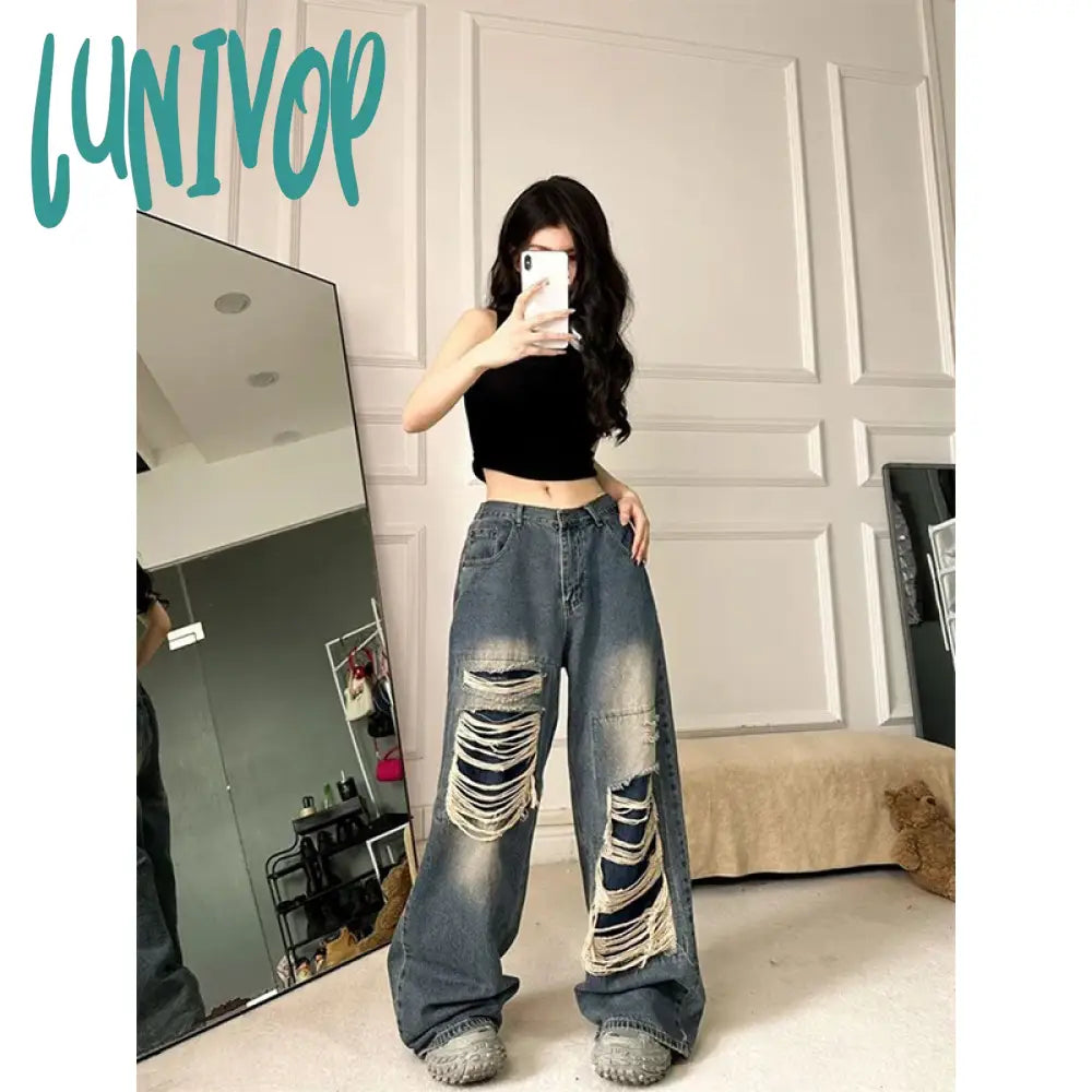 Lunivop Y2K Ripped Jeans Women Vintage Oversized Black Wide Leg Denim Pants Harajuku Streetwear