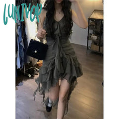 Lunivop Y2K Ruffles Irreular Dress Women Gothic Sexy Strap A Line Mini Dresses Dark Fairy V Neck