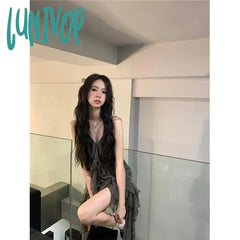 Lunivop Y2K Ruffles Irreular Dress Women Gothic Sexy Strap A Line Mini Dresses Dark Fairy V Neck