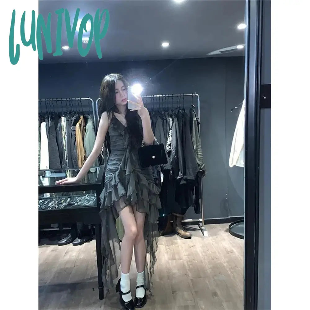 Lunivop Y2K Ruffles Irreular Dress Women Gothic Sexy Strap A Line Mini Dresses Dark Fairy V Neck