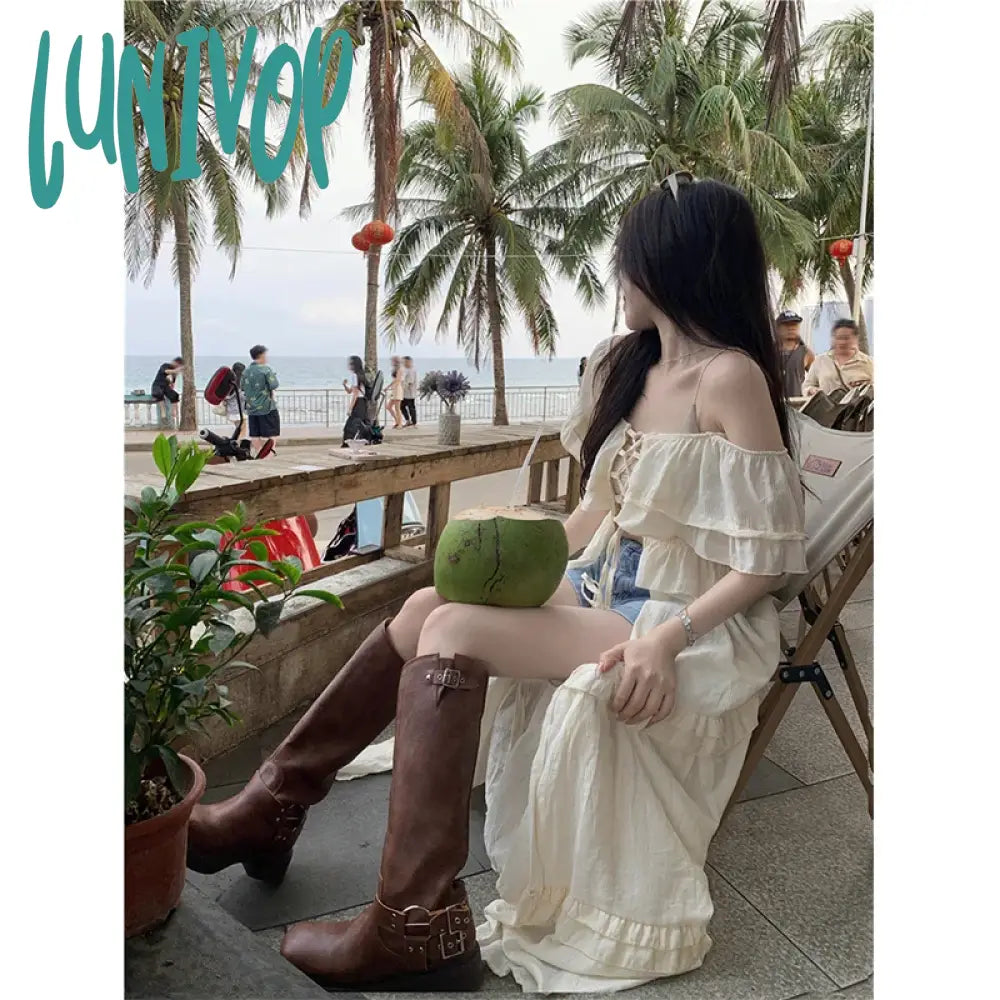 Lunivop Y2K Ruffles Long Dress Women Sexy Slash Neck Bandage Robe Korean Hollow Out One Pieces Maxi