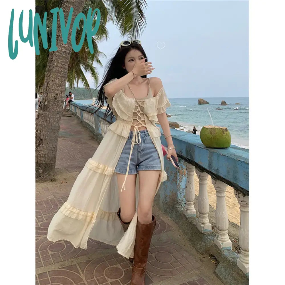 Lunivop Y2K Ruffles Long Dress Women Sexy Slash Neck Bandage Robe Korean Hollow Out One Pieces Maxi