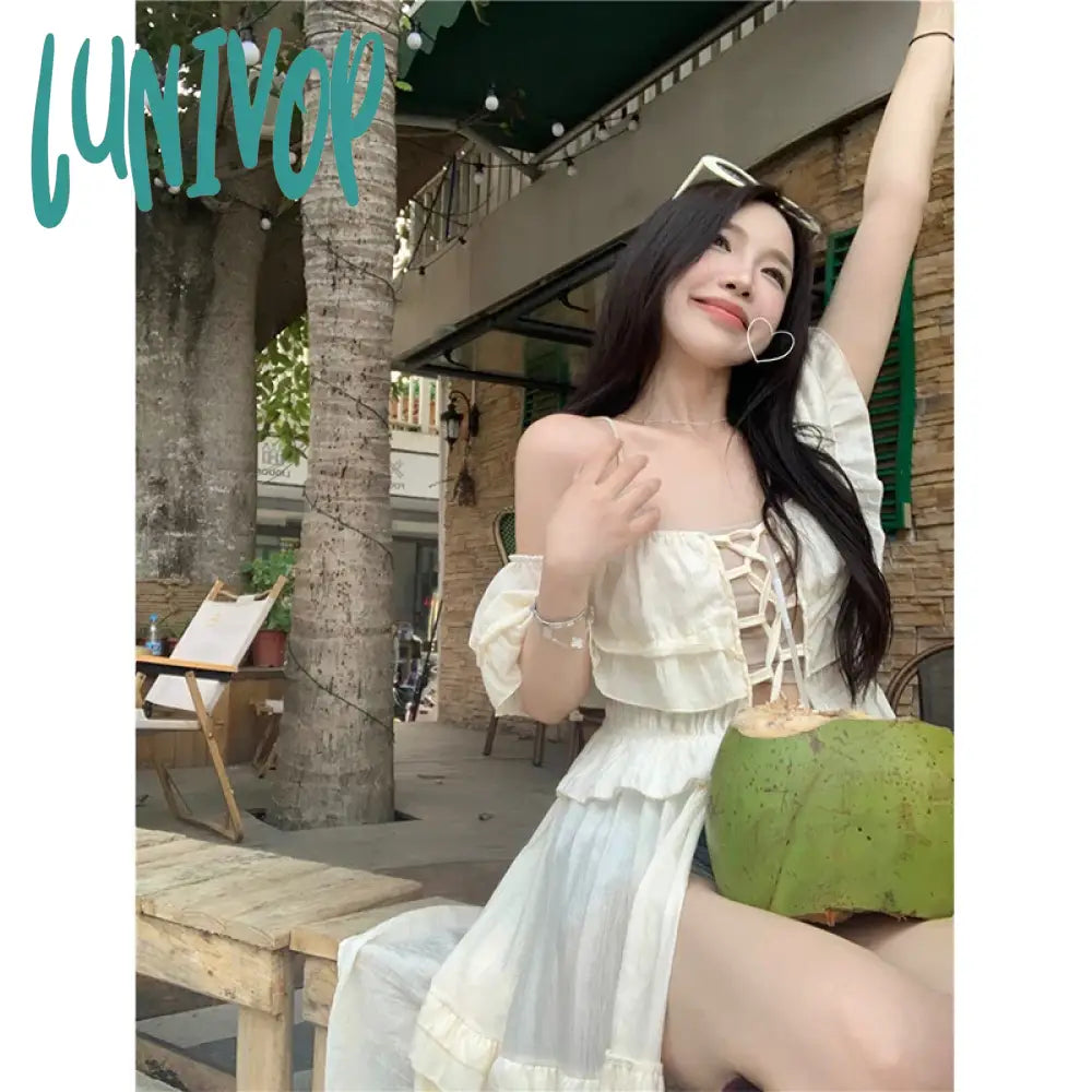 Lunivop Y2K Ruffles Long Dress Women Sexy Slash Neck Bandage Robe Korean Hollow Out One Pieces Maxi