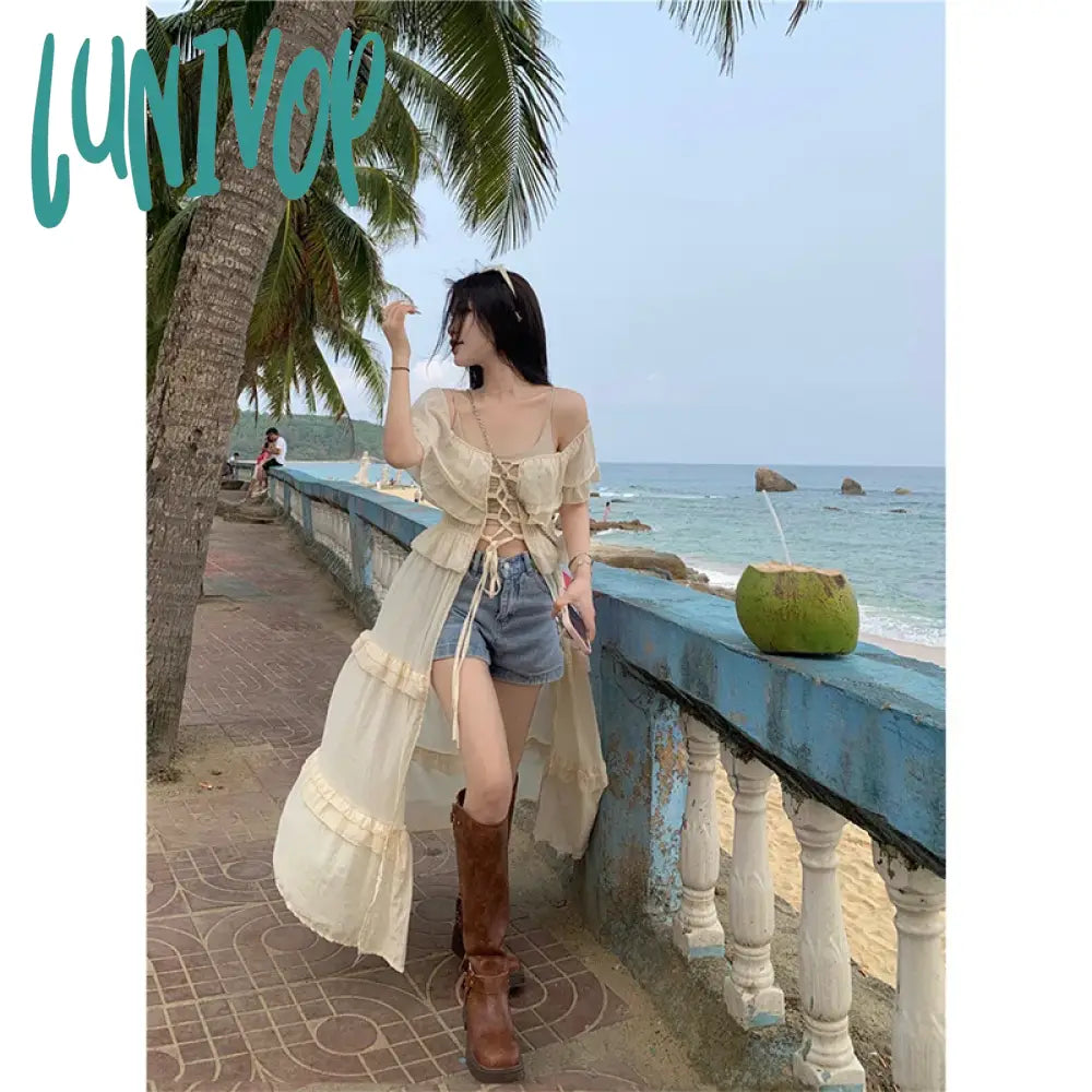 Lunivop Y2K Ruffles Long Dress Women Sexy Slash Neck Bandage Robe Korean Hollow Out One Pieces Maxi