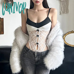 Lunivop Sexy Hollow Out Patchwork Lace Bodysuits Slim Skinny Slash Neck Sleeveless Rompers Women