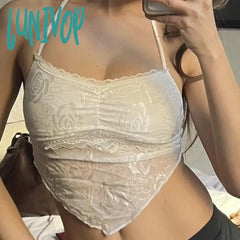 Lunivop Y2K Sexy Lace Trim Halter Tops See Through Slim Slash Neck Sleeveless Tank Women 2024