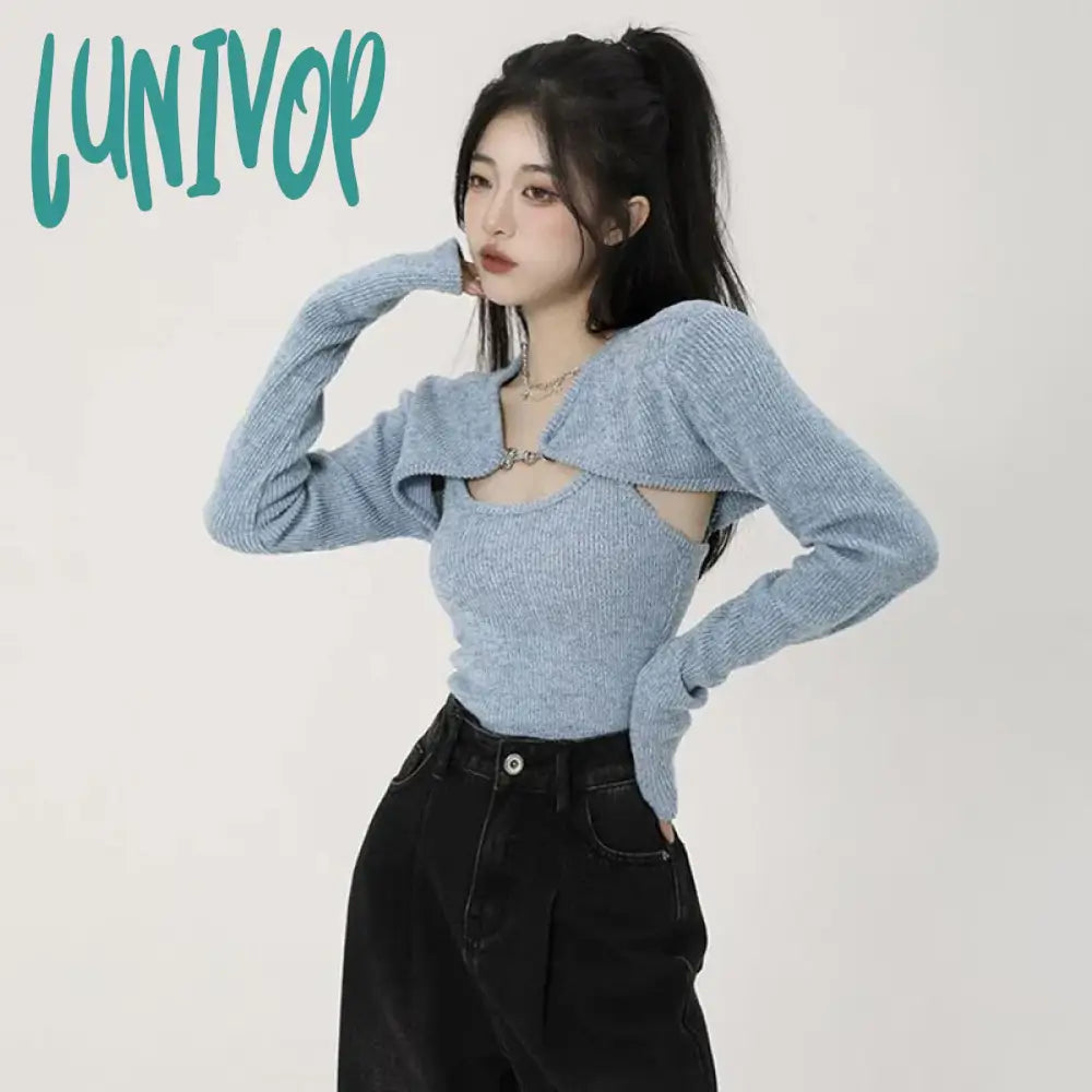 Lunivop Y2K Sexy Slim Knitted Sweater Women Korean Fashion Cardigan + Vest Set Tops Ladies Harajuku