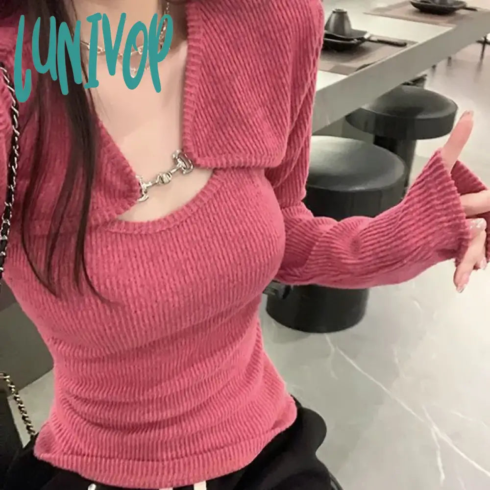 Lunivop Y2K Sexy Slim Knitted Sweater Women Korean Fashion Cardigan + Vest Set Tops Ladies Harajuku