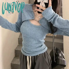 Lunivop Y2K Sexy Slim Knitted Sweater Women Korean Fashion Cardigan + Vest Set Tops Ladies Harajuku