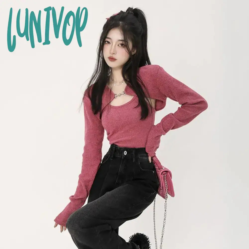 Lunivop Y2K Sexy Slim Knitted Sweater Women Korean Fashion Cardigan + Vest Set Tops Ladies Harajuku