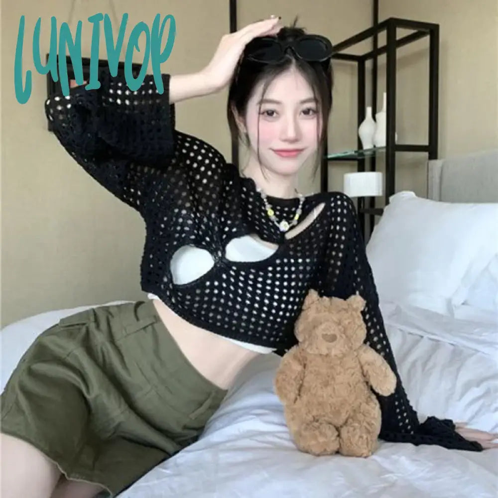 Lunivop Y2K Sheer Crop Sweater Women Sexy Hollow Out Long Sleeve Crochet Pullovers Vintage