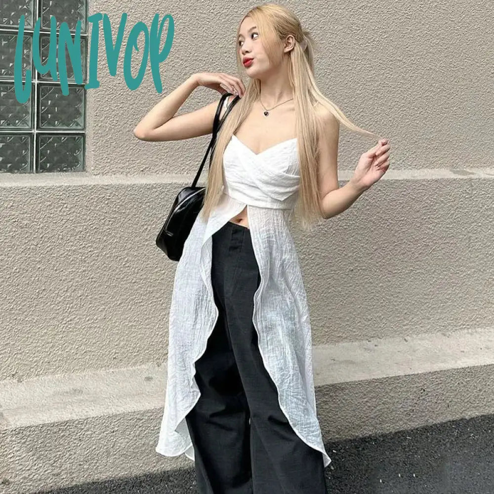 Lunivop Y2K Solid Long Camis Women Streetwear Sexy Slash Neck Slit Ruffles Sleeveless Corset Tank