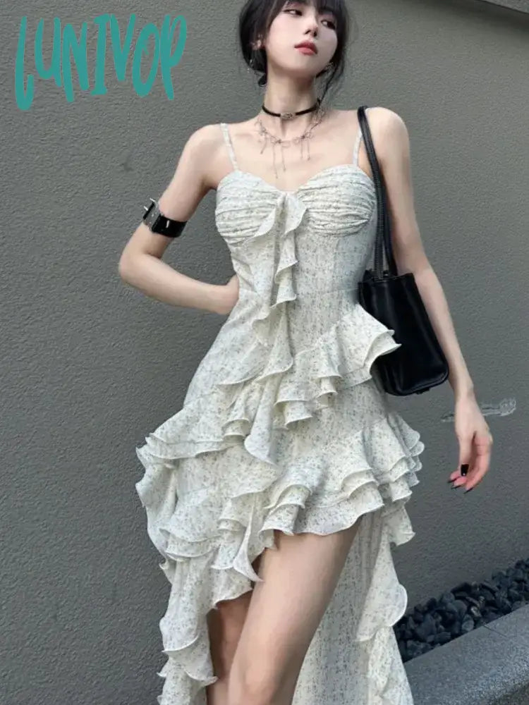 Lunivop Y2K Spaghetti Strap Irregular Dress Women Layered Ruffles Slim Sexy Party Spring New Prom