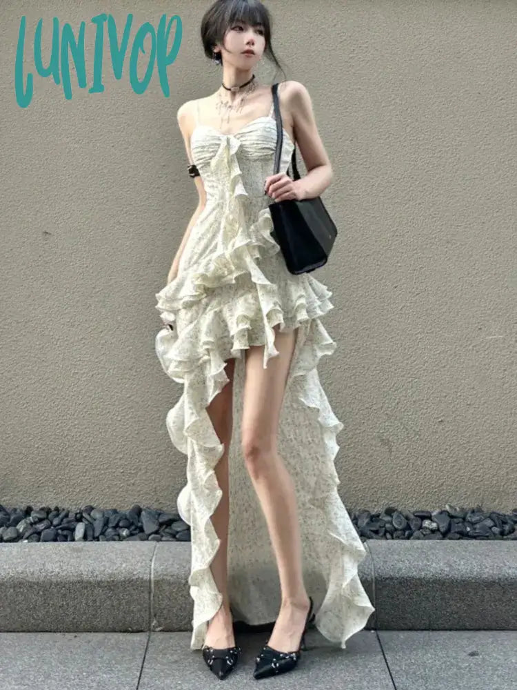 Lunivop Y2K Spaghetti Strap Irregular Dress Women Layered Ruffles Slim Sexy Party Spring New Prom