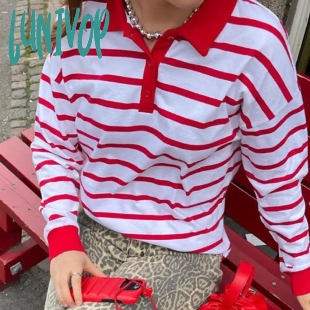 Lunivop Y2K Streetwear 90S Vintage Loose Fit Tees Autumn Striped Lapel V Neck T-Shirt Women Long