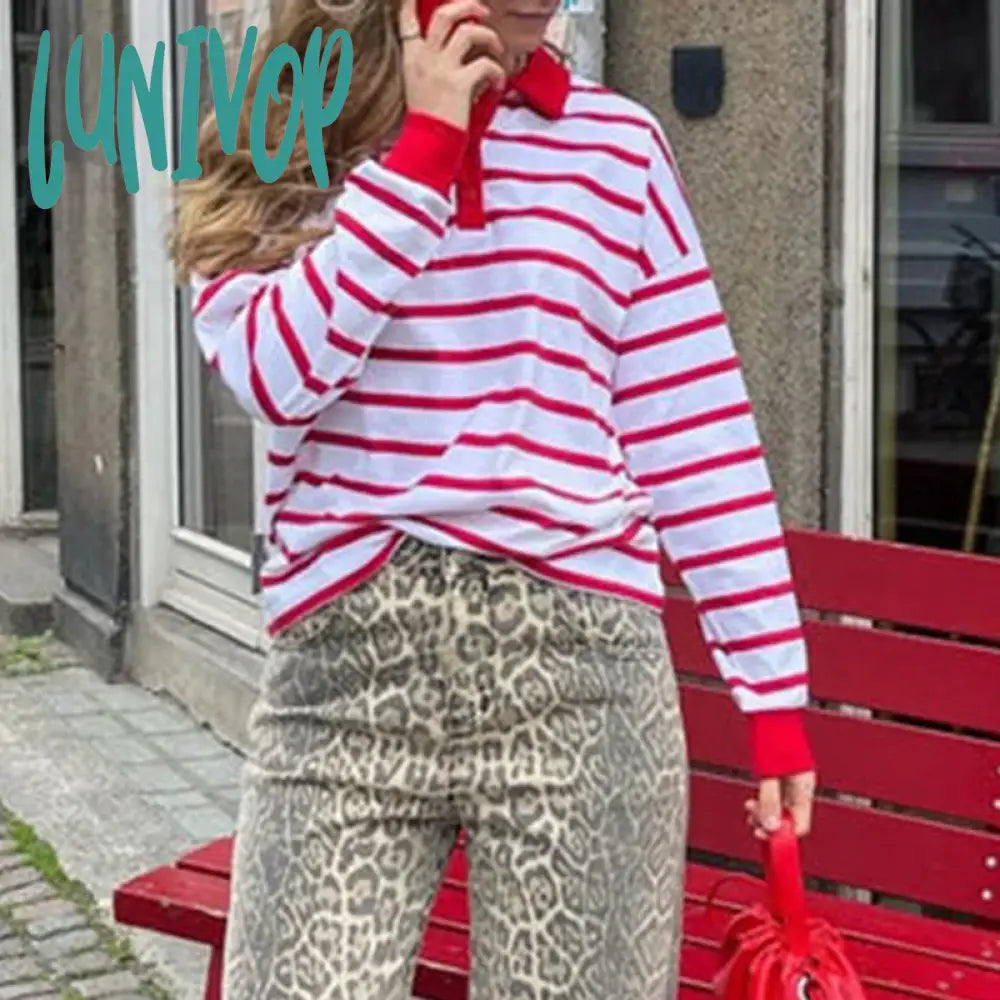 Lunivop Y2K Streetwear 90S Vintage Loose Fit Tees Autumn Striped Lapel V Neck T-Shirt Women Long