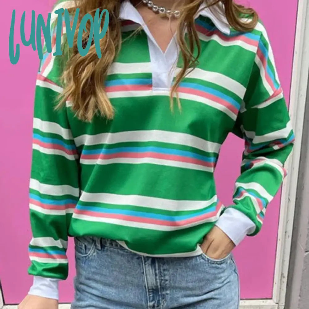 Lunivop Y2K Streetwear 90S Vintage Loose Fit Tees Autumn Striped Lapel V Neck T-Shirt Women Long