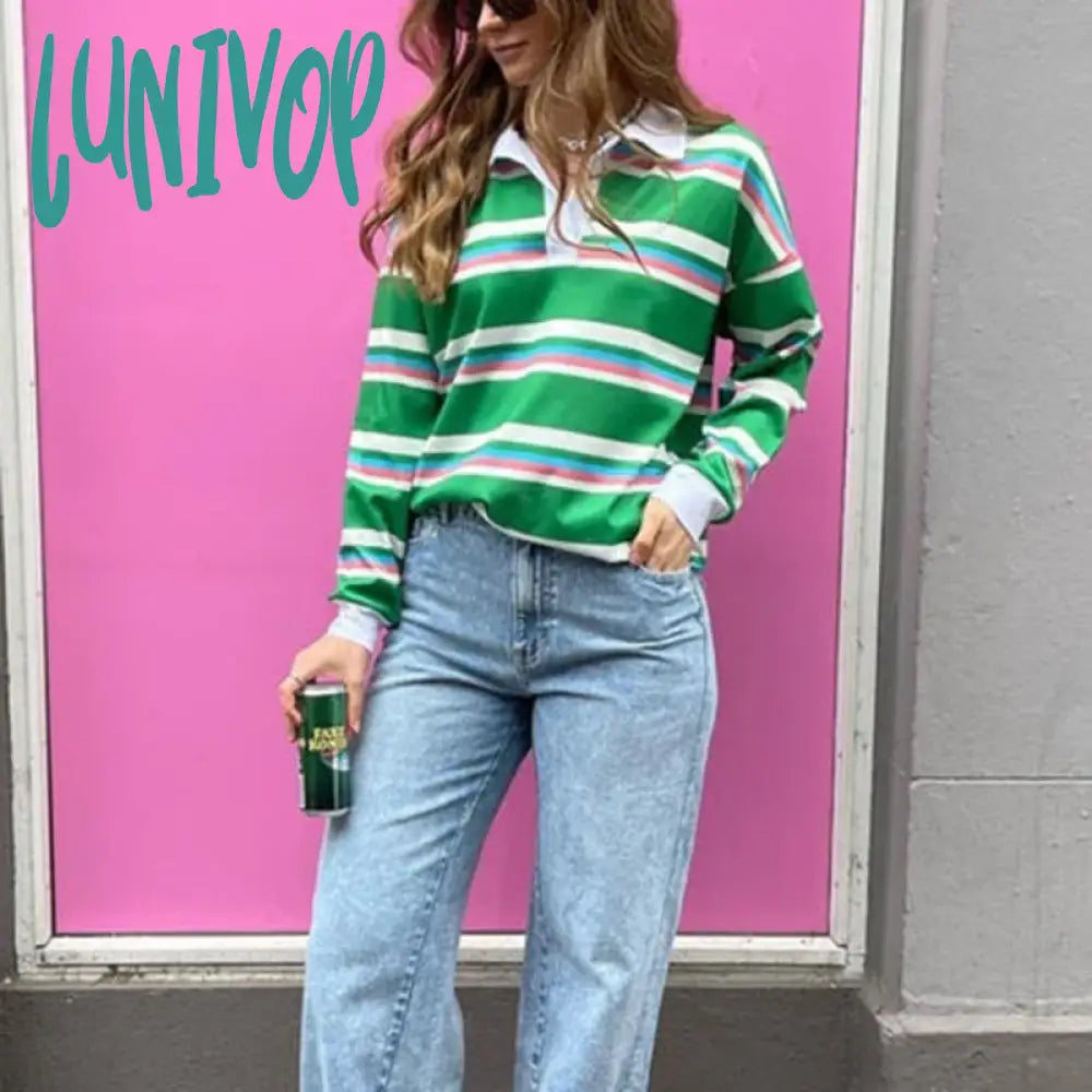 Lunivop Y2K Streetwear 90S Vintage Loose Fit Tees Autumn Striped Lapel V Neck T-Shirt Women Long