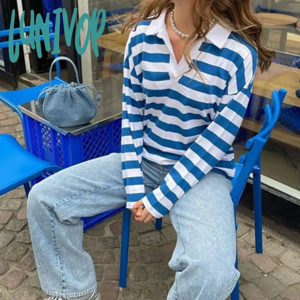 Lunivop Y2K Streetwear 90S Vintage Loose Fit Tees Autumn Striped Lapel V Neck T-Shirt Women Long