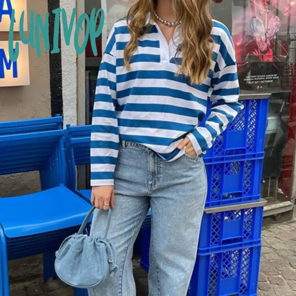 Lunivop Y2K Streetwear 90S Vintage Loose Fit Tees Autumn Striped Lapel V Neck T-Shirt Women Long