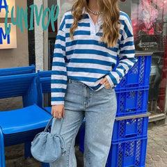 Lunivop Y2K Streetwear 90S Vintage Loose Fit Tees Autumn Striped Lapel V Neck T-Shirt Women Long