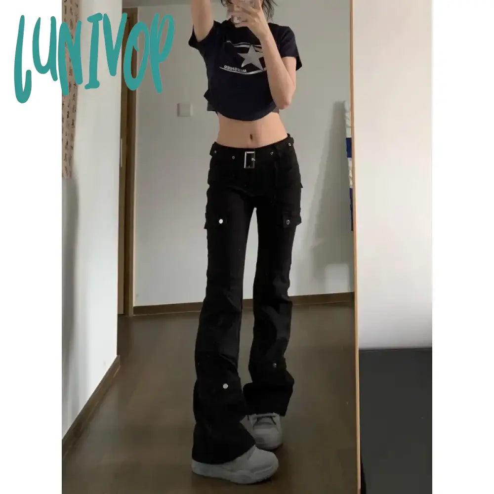 Lunivop Y2K Streetwear Cargo Jeans Women Black Gyaru Gothic Grunge Flare Denim Pants Vintage Korean