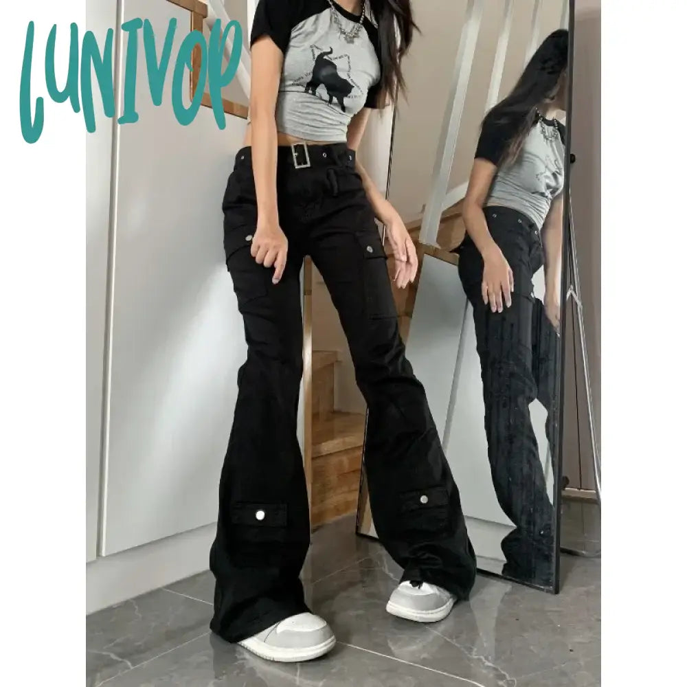 Lunivop Y2K Streetwear Cargo Jeans Women Black Gyaru Gothic Grunge Flare Denim Pants Vintage Korean