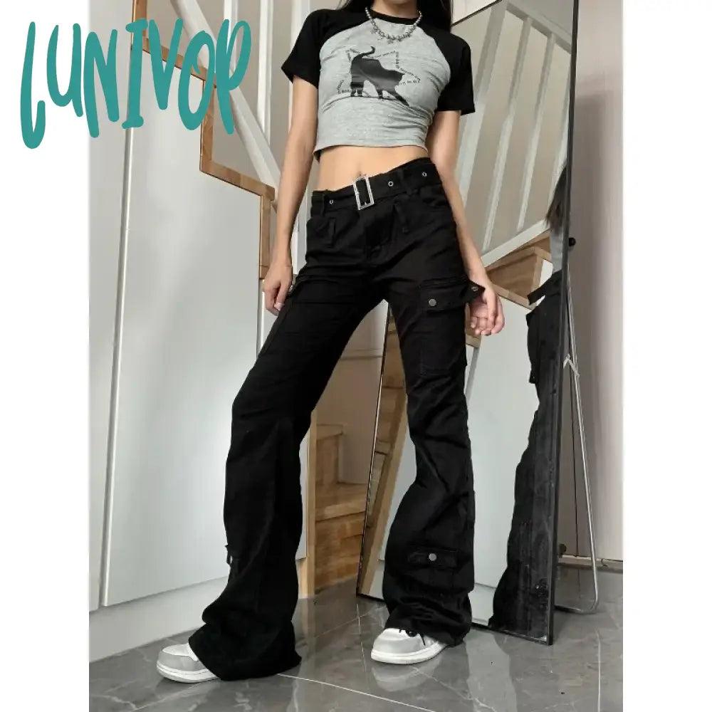 Lunivop Y2K Streetwear Cargo Jeans Women Black Gyaru Gothic Grunge Flare Denim Pants Vintage Korean