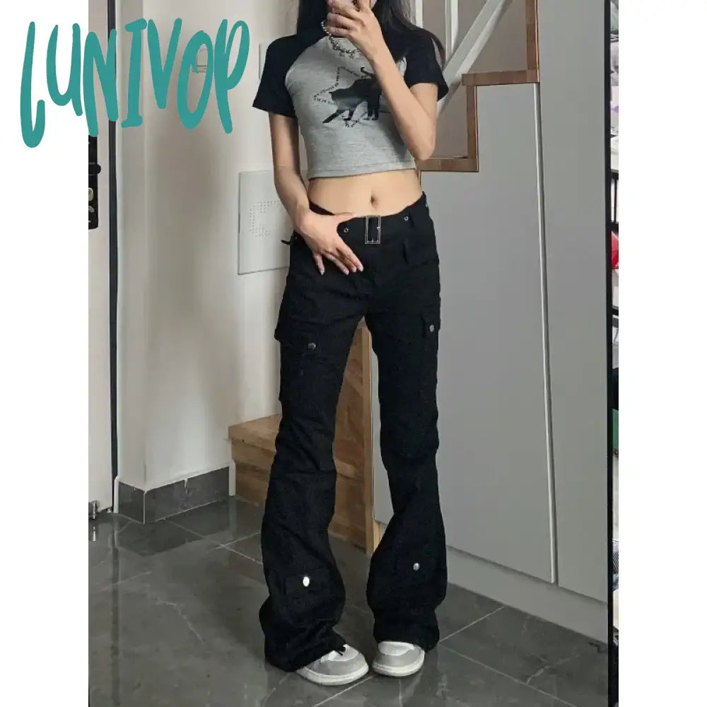 Lunivop Y2K Streetwear Cargo Jeans Women Black Gyaru Gothic Grunge Flare Denim Pants Vintage Korean