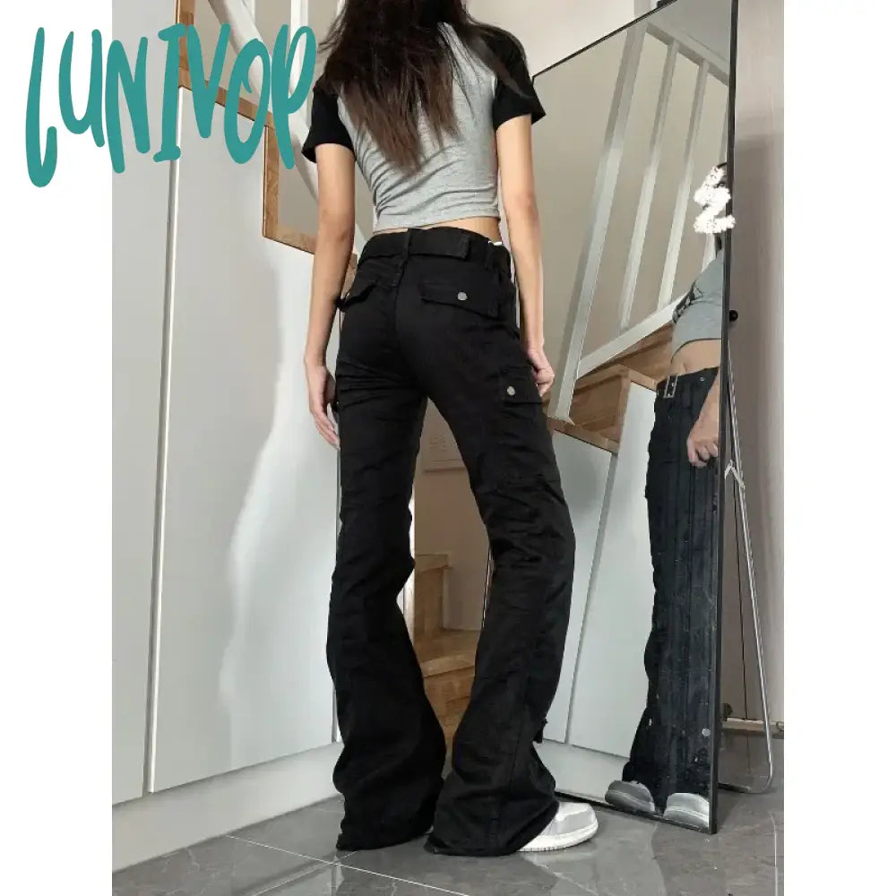 Lunivop Y2K Streetwear Cargo Jeans Women Black Gyaru Gothic Grunge Flare Denim Pants Vintage Korean