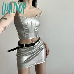 Lunivop Y2K Streetwear Summer Sexy Crop Top Women Clothes Pure Color Skirts Clothing Evening Party