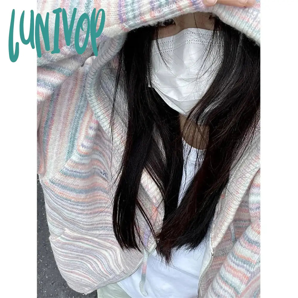 Lunivop Y2K Striped Knitted Cardigan Women Oversized Hooded Sweater Coat Streetwear Korean Zipper