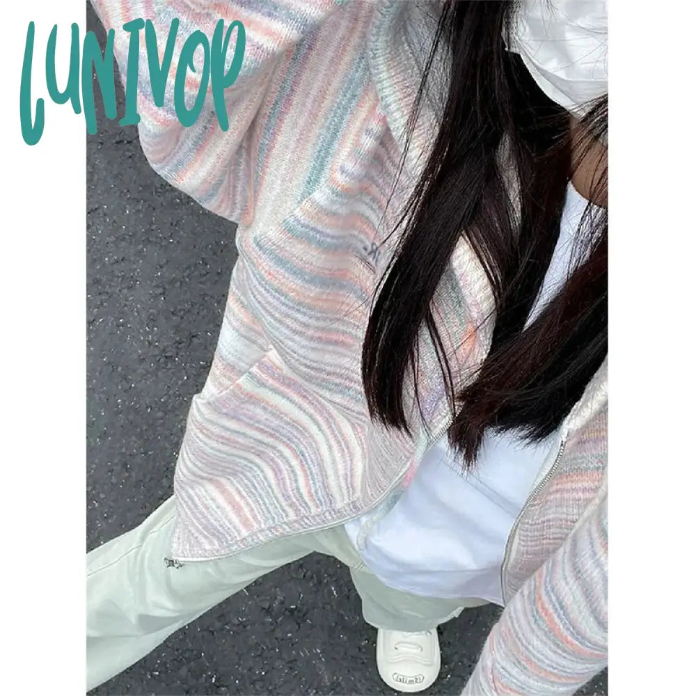 Lunivop Y2K Striped Knitted Cardigan Women Oversized Hooded Sweater Coat Streetwear Korean Zipper