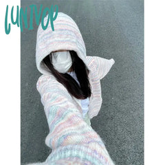 Lunivop Y2K Striped Knitted Cardigan Women Oversized Hooded Sweater Coat Streetwear Korean Zipper