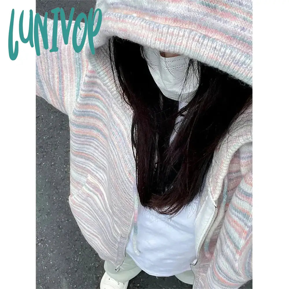 Lunivop Y2K Striped Knitted Cardigan Women Oversized Hooded Sweater Coat Streetwear Korean Zipper