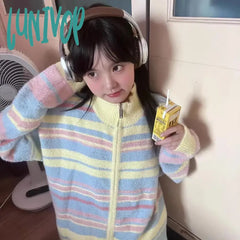 Lunivop Y2K Striped Knitted Cardigan Women Vintage Oversized Sweater Coat Korean Aesthetic Long