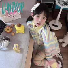 Lunivop Y2K Striped Knitted Cardigan Women Vintage Oversized Sweater Coat Korean Aesthetic Long