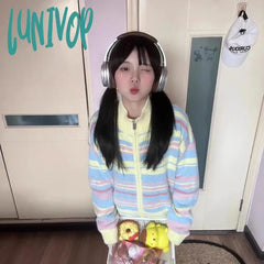 Lunivop Y2K Striped Knitted Cardigan Women Vintage Oversized Sweater Coat Korean Aesthetic Long