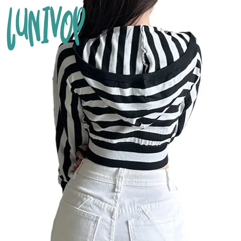 Lunivop Y2K Striped Print Cropped Sweater Vintage 2000S V Neck Full Sleeve Hooded Jumpers Pullovers