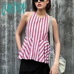 Lunivop Y2K Striped Sleeveless Ruffle Peplum Vest Vintage Backless Halter Neck Camis Women Fashion