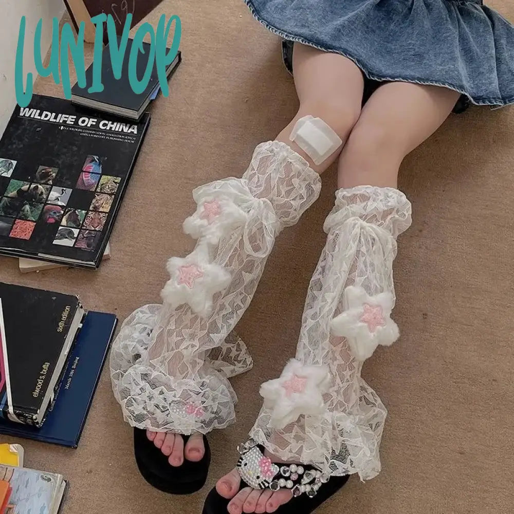 Lunivop Y2K Sweet Lace Leg Cover Plush Star Lolita Love Cute Summer Thin Stockings Warmers Japanese