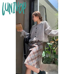 Lunivop Y2K Tassel Knitted Cardigan Women Streetwear Cropped Sweater Coat Korean Loose Knitwear