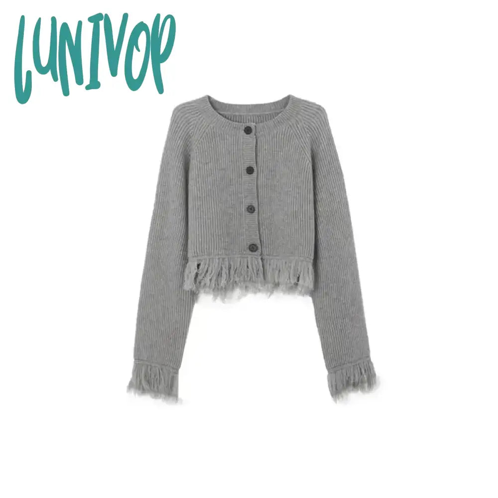 Lunivop Y2K Tassel Knitted Cardigan Women Streetwear Cropped Sweater Coat Korean Loose Knitwear