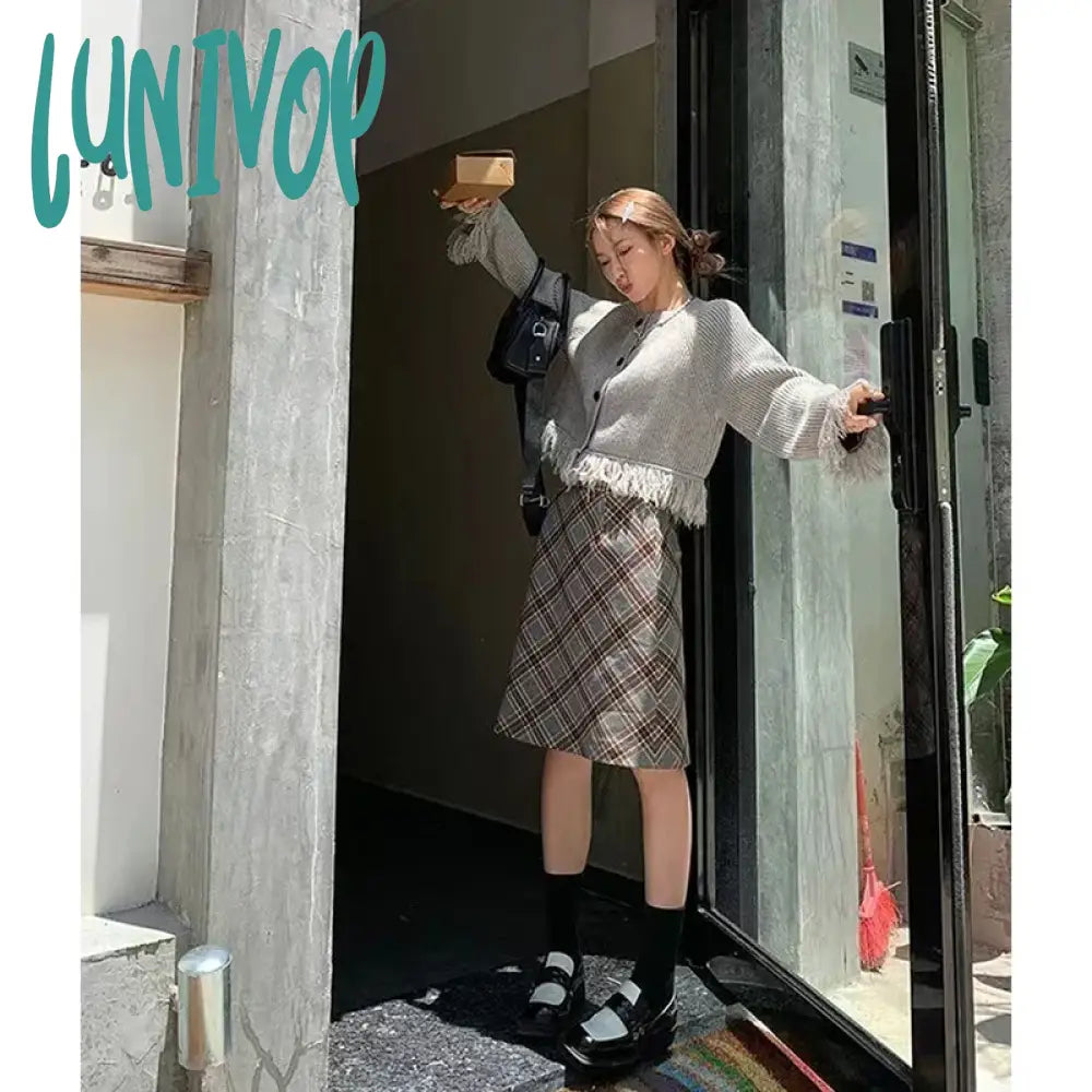 Lunivop Y2K Tassel Knitted Cardigan Women Streetwear Cropped Sweater Coat Korean Loose Knitwear